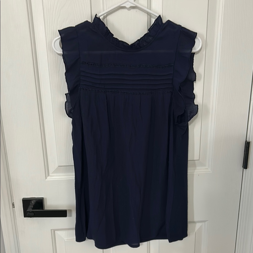 Blue Sleeveless Ruffled Blouse with Bib Collar